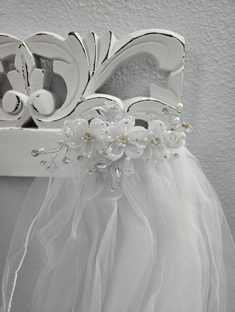 White Communion Floral Veil Headpiece